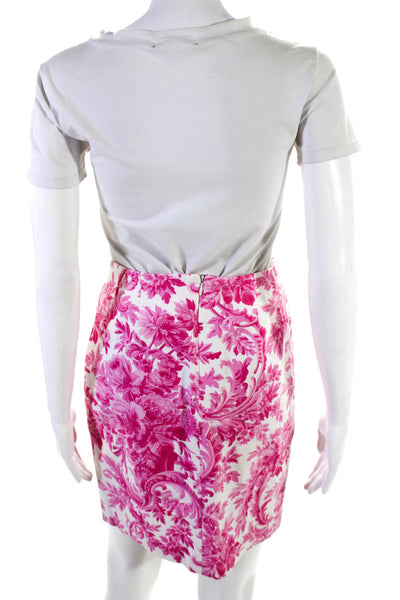 Leggiadro Womens Cotton Damask Print Back Zip A-Line Skirt Pink White Size 4