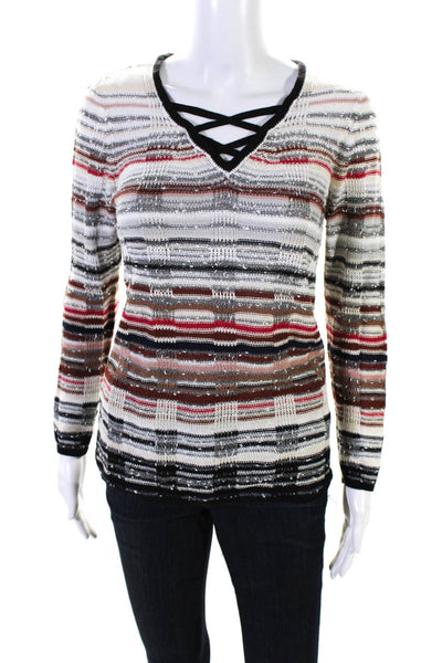 Nic + Zoe Womens Linen Knit Striped V-Neck Pullover Sweater Multicolor Size XS