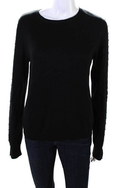 Adeam Womens Silk Ribbed Hem Faux Pearl Split Long Sleeve Shirt Black Size L