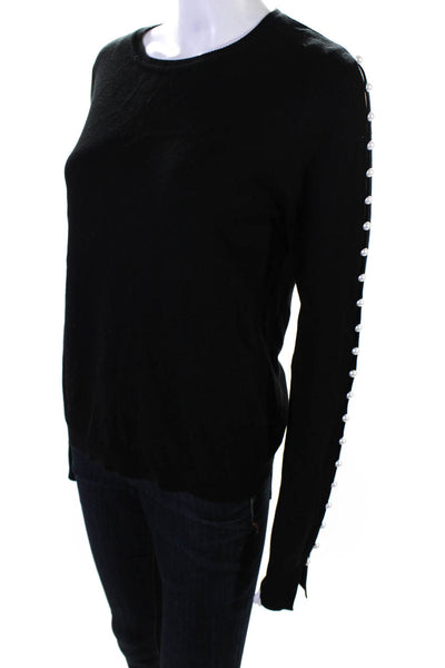 Adeam Womens Silk Ribbed Hem Faux Pearl Split Long Sleeve Shirt Black Size L