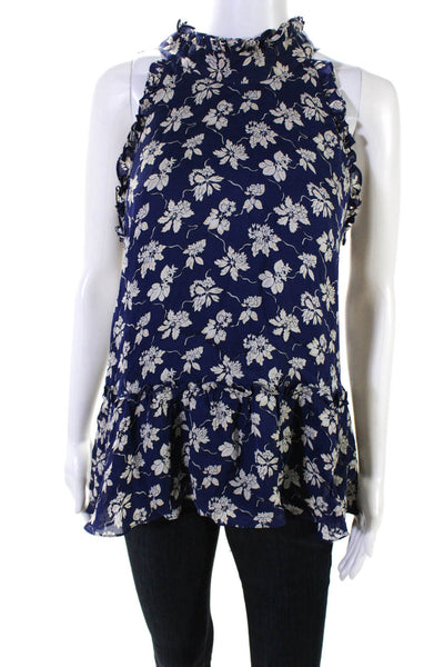 Shoshanna Womens Chiffon Floral Print Ruffled Hem Sleeveless Blouse Blue Size M