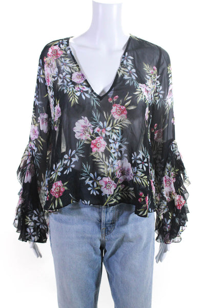 Intermix Womens Sheer Floral Print V-Neck Ruffle Sleeve Blouse Top Black Size S
