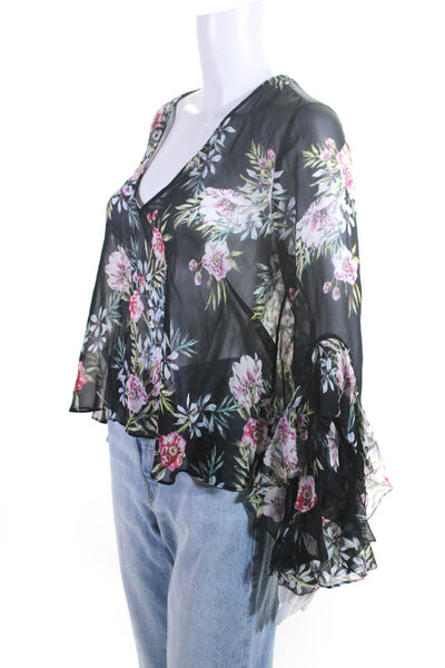 Intermix Womens Sheer Floral Print V-Neck Ruffle Sleeve Blouse Top Black Size S