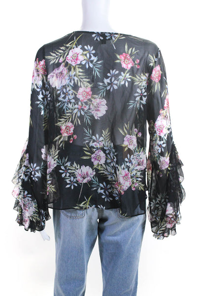 Intermix Womens Sheer Floral Print V-Neck Ruffle Sleeve Blouse Top Black Size S