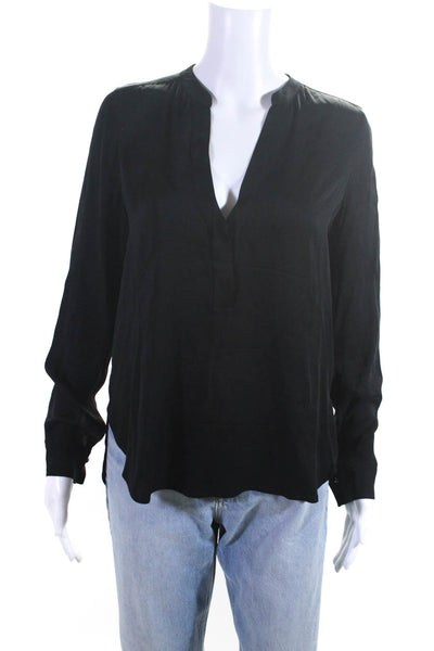 Vince Womens Silk Round Hem V-Neck Long Sleeve Pullover Blouse Top Black Size 4