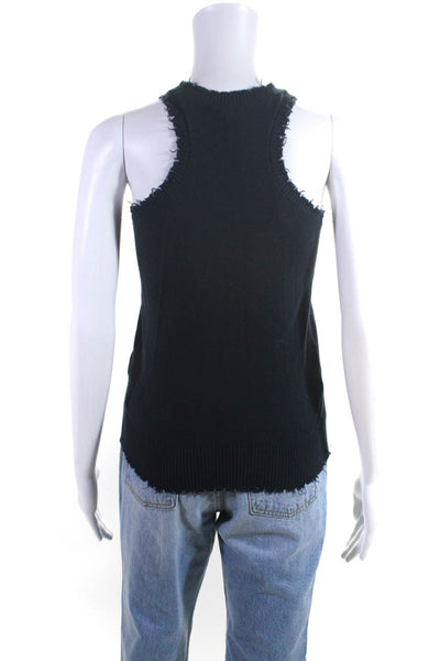 Minnie Rose Womens Cotton Knit Distressed Edging Round Neck Tank Top Navy Size S