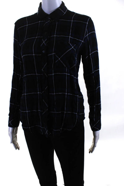Rails Womens Plaid Collared Long Sleeve Button Up Blouse Top Navy Size XS