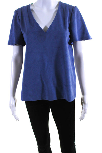 Anna Cate Womens Faux Suede V-Neck Short Sleeve Pullover Blouse Top Blue Size XS