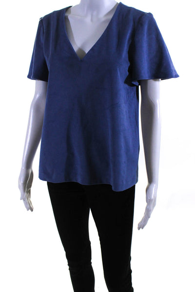 Anna Cate Womens Faux Suede V-Neck Short Sleeve Pullover Blouse Top Blue Size XS