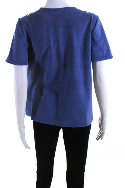 Anna Cate Womens Faux Suede V-Neck Short Sleeve Pullover Blouse Top Blue Size XS