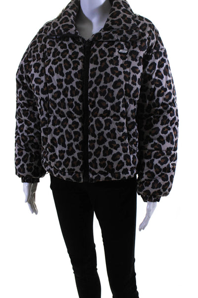 MSGM Womens Front Zip Mock Neck Quilted Leopard Puffer Jacket Brown Size IT 40