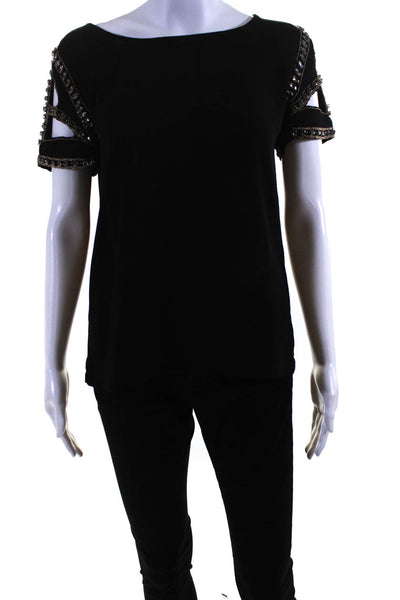 Ba&Sh Womens Short Sleeve Crystal Beaded Trim Cut Out Shirt Black Size 1