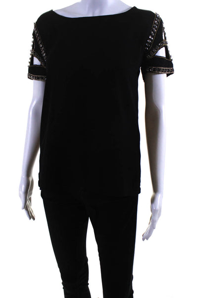 Ba&Sh Womens Short Sleeve Crystal Beaded Trim Cut Out Shirt Black Size 1
