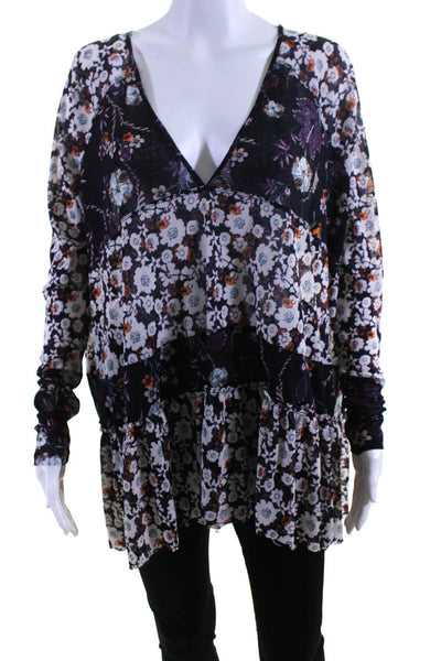 Free People Womens Floral Print Long Sleeve V-Neck Blouse Purple Size S