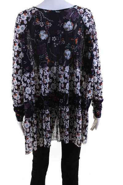 Free People Womens Floral Print Long Sleeve V-Neck Blouse Purple Size S