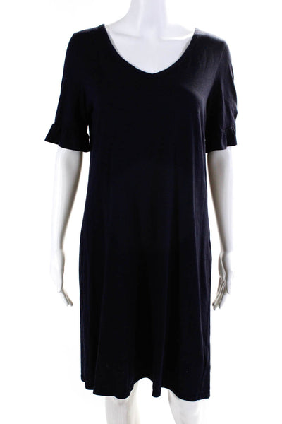 Boden Womens Cotton Knit Ruffled Short Sleeve V-Neck T-Shirt Dress Navy Size 10R