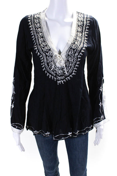 Emma Caine Womens Embroidered Long Sleeved Tunic Blouse Navy Blue White Size XS