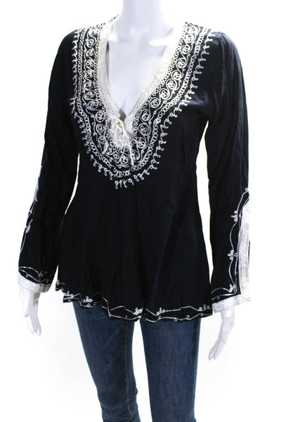 Emma Caine Womens Embroidered Long Sleeved Tunic Blouse Navy Blue White Size XS