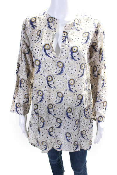 Barbara Gerwit Womens Paisley Long Sleeved Side Slit Blouse Beige Blue Size S