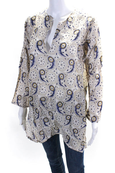 Barbara Gerwit Womens Paisley Long Sleeved Side Slit Blouse Beige Blue Size S