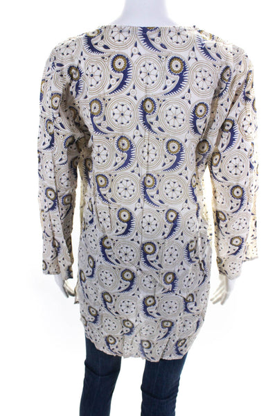 Barbara Gerwit Womens Paisley Long Sleeved Side Slit Blouse Beige Blue Size S