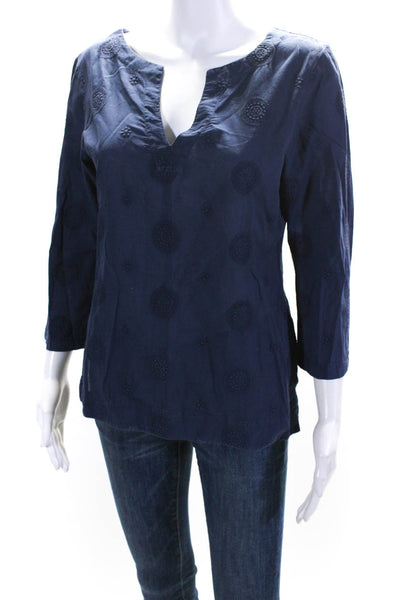 Helen Jon Womens Embroidered V Neck Long Sleeved Tunic Blouse Navy Blue Size S