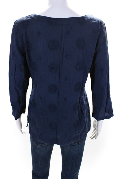 Helen Jon Womens Embroidered V Neck Long Sleeved Tunic Blouse Navy Blue Size S