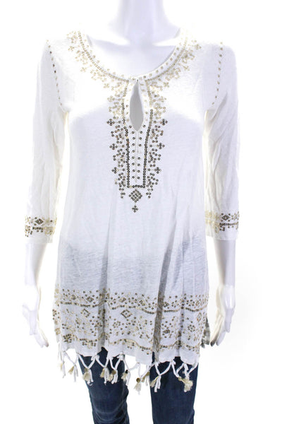 Calypso Saint Barth Womens Sequined Long Sleeved Tunic Blouse White Gold Tone XS