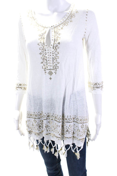 Calypso Saint Barth Womens Sequined Long Sleeved Tunic Blouse White Gold Tone XS