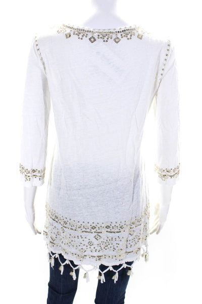 Calypso Saint Barth Womens Sequined Long Sleeved Tunic Blouse White Gold Tone XS