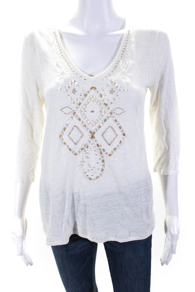 Calypso Saint Barth Womens Beaded 3/4 Sleeved V Neck Blouse White Tan Size XS