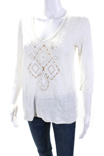 Calypso Saint Barth Womens Beaded 3/4 Sleeved V Neck Blouse White Tan Size XS