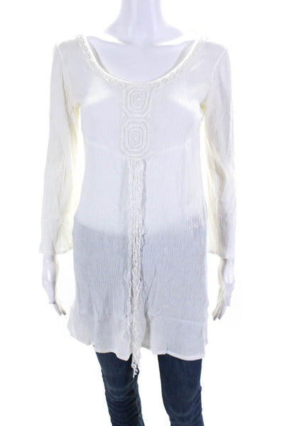 Allegra Hicks Womens Embroidered Long Sleeved Fringe Tunic Blouse White Size 4