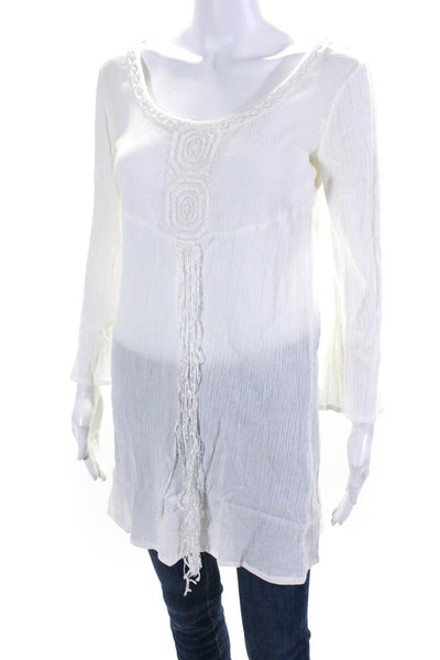 Allegra Hicks Womens Embroidered Long Sleeved Fringe Tunic Blouse White Size 4