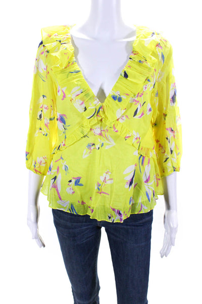 Tanya Taylor Womens Floral V Neck Ruffled Long Sleeved Blouse Yellow Size 4