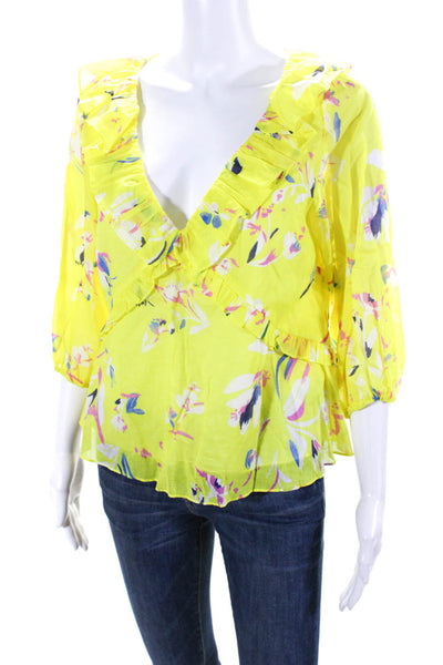 Tanya Taylor Womens Floral V Neck Ruffled Long Sleeved Blouse Yellow Size 4