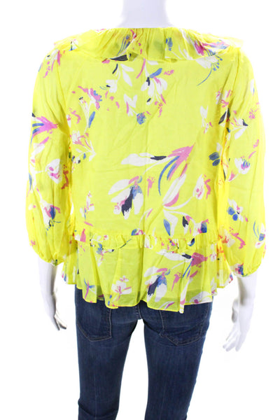 Tanya Taylor Womens Floral V Neck Ruffled Long Sleeved Blouse Yellow Size 4