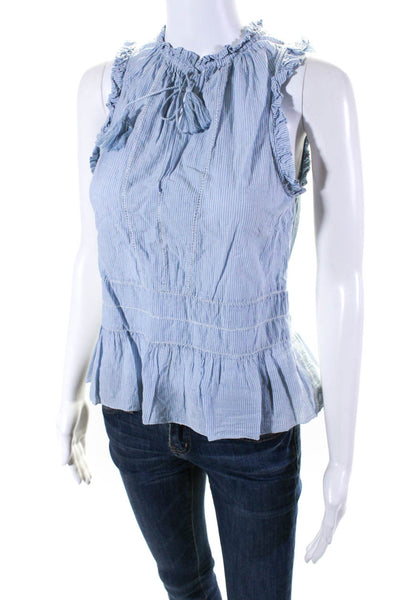 Ulla Johnson Womens Striped Ruffled Tied V Neck Tank Top Blouse Blue Size 0