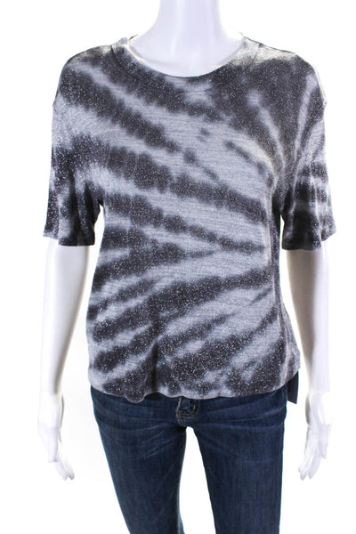 R+A Womens Metallic Tie-Dye Print Short Sleeve Round Neck Shirt Gray Size XS