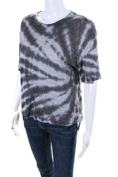 R+A Womens Metallic Tie-Dye Print Short Sleeve Round Neck Shirt Gray Size XS