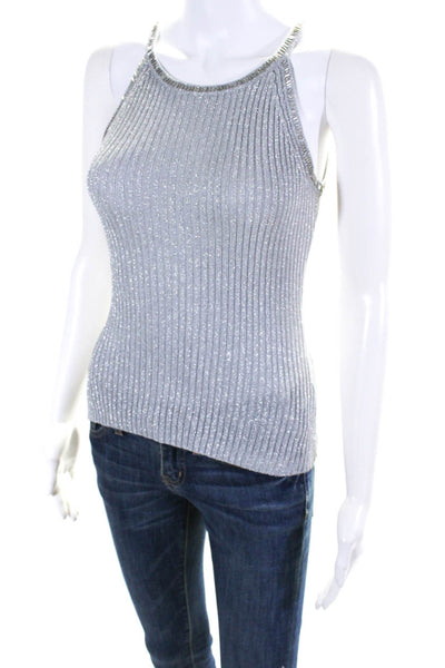 Adrianna Papell Women's Round Neck Spaghetti Straps Beaded Silver Blouse Size M