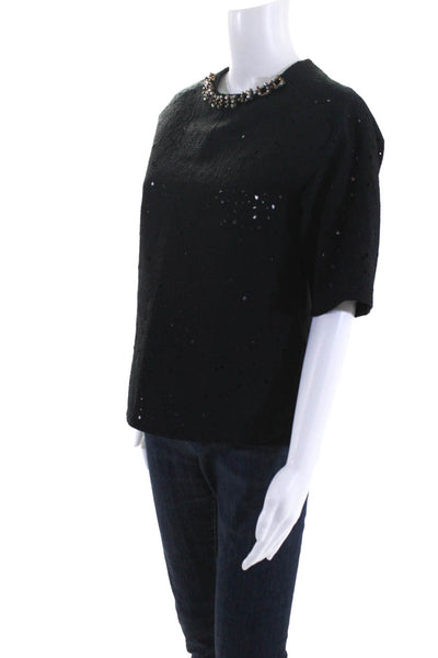 3.1 Phillip Lim Women's Round Neck Short Sleeves Embellish Blouse Black Size 2