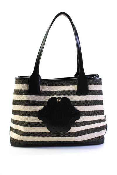 Nanette Lepore Womens Leather Trim Striped Shoulder Handbag Black White
