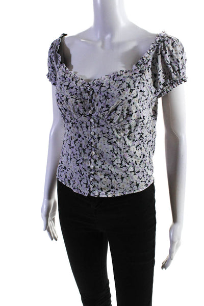 Heartloom Womens Cotton Floral Print Ruched Back Cropped Top Purple White Size M