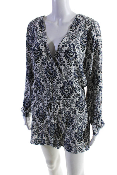 Intermix Womens Silk Chiffon Abstract Print V-Neck Romper White Blue Size M