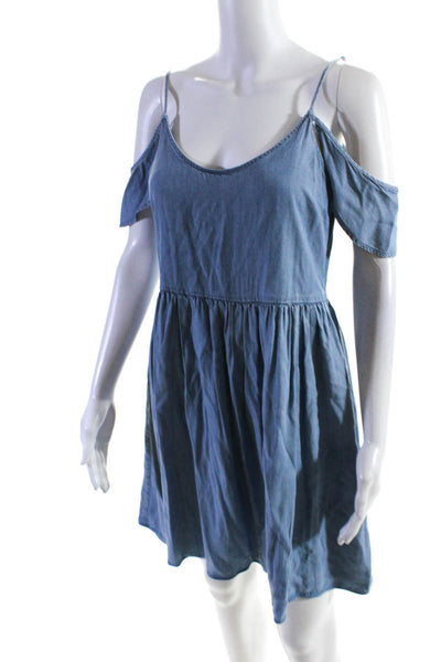 Sugar Lips Womens Denim Cold Shoulder Scoop Neck Mini Tank Dress Blue Size M