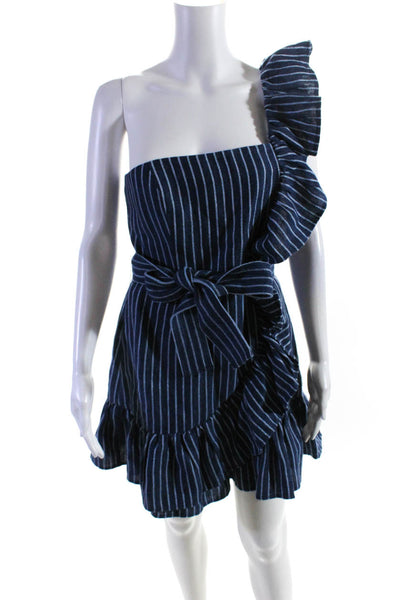 Alexis Womens Denim Striped Print Ruffled One Shoulder Mini Dress Blue Size S