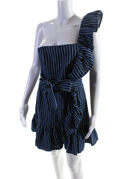 Alexis Womens Denim Striped Print Ruffled One Shoulder Mini Dress Blue Size S