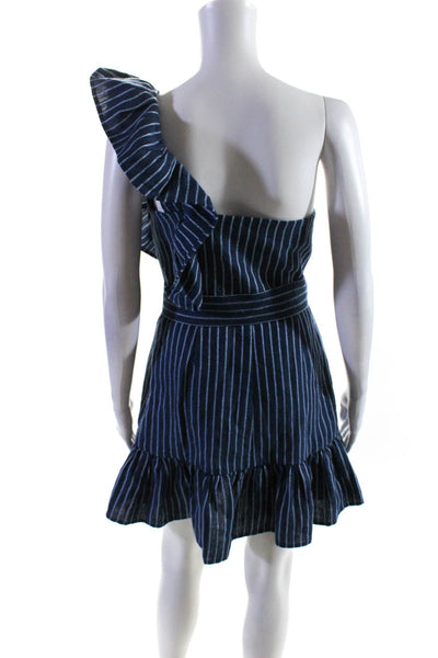 Alexis Womens Denim Striped Print Ruffled One Shoulder Mini Dress Blue Size S