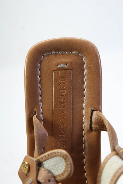 BCBGMAXAZRIA Womens Leather Studded T-Strap Flat Heel Sandals Beige Size 7.5US